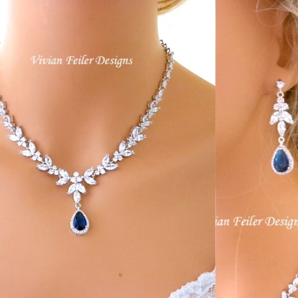 Navy Blue Jewelry Set Necklace and Earrings Blue Wedding SILVER